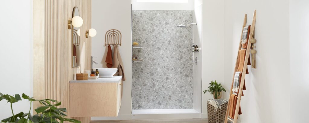 Modern balanced design for a bathroom remodel emphasizing natural light.