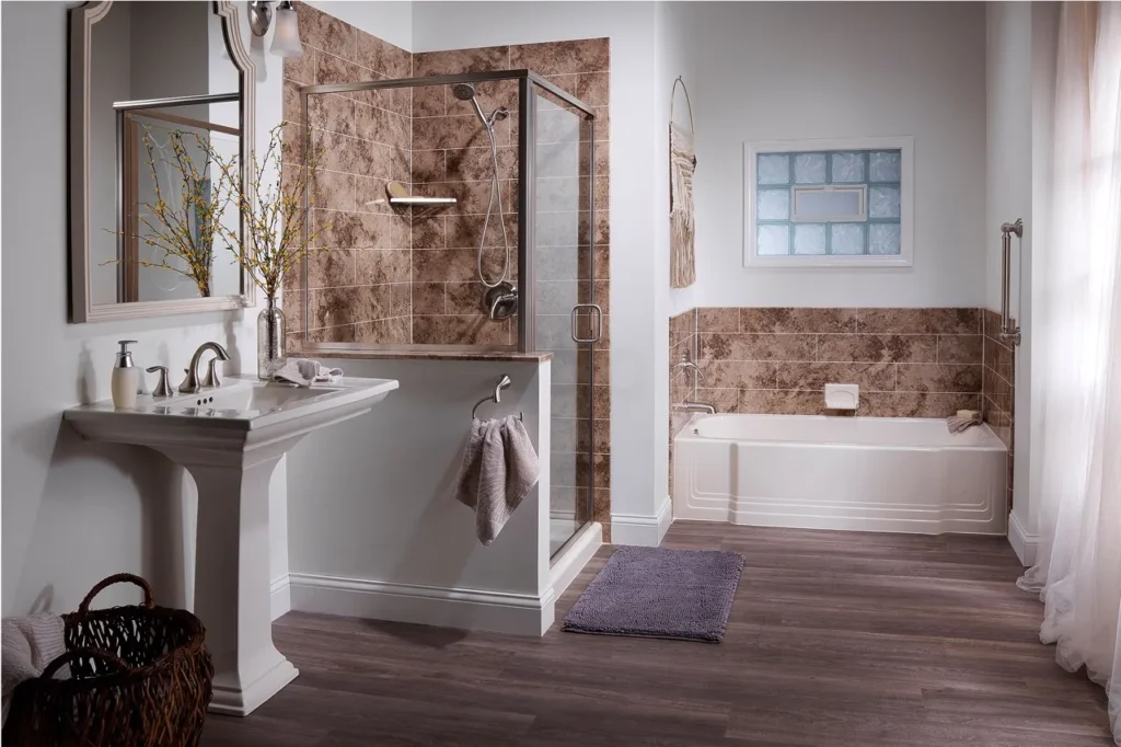 Rustic designed bathroom remodel.