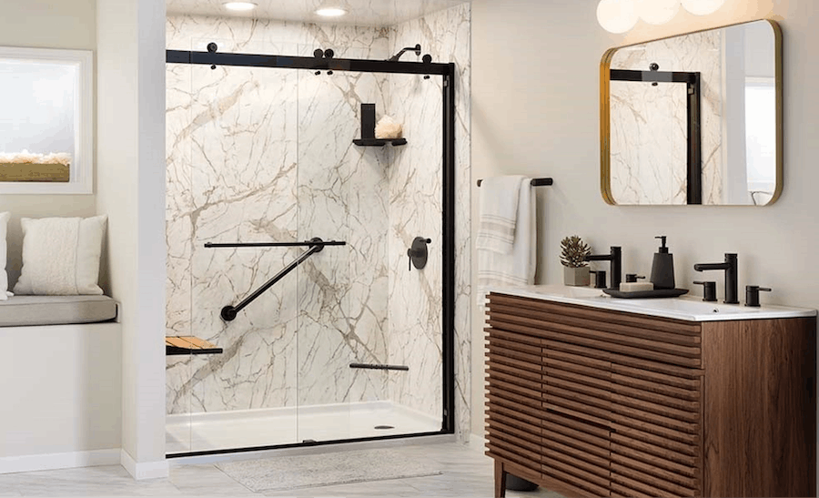 Accessible bathroom with grab bars and low-threshold shower